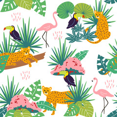 Seamless pattern with panthers, toucans, flamingos and tropical landscape. Creative jungle childish texture. Great for fabric, textile. Vector Illustration. © Арчынай Немётова