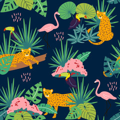 Seamless pattern with panthers, toucans, flamingos and tropical landscape. Creative jungle childish texture. Great for fabric, textile. Vector Illustration. © Арчынай Немётова