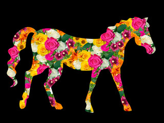 Obraz premium A horse consisting of flowers on a black background.