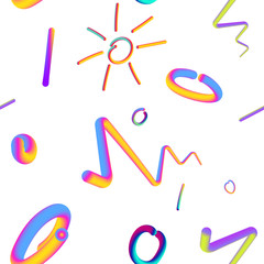 Vector abstract seamless pattern. Memphis style in design with 3d elements on white background. Suitable for background texture, paper of wrapping.