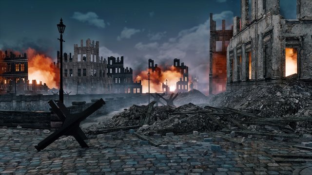 Ruined after the bombing of the World War 2 european city with burning building ruins and street barricade on foreground at night. With no people historical 3D illustration from my own rendering file.