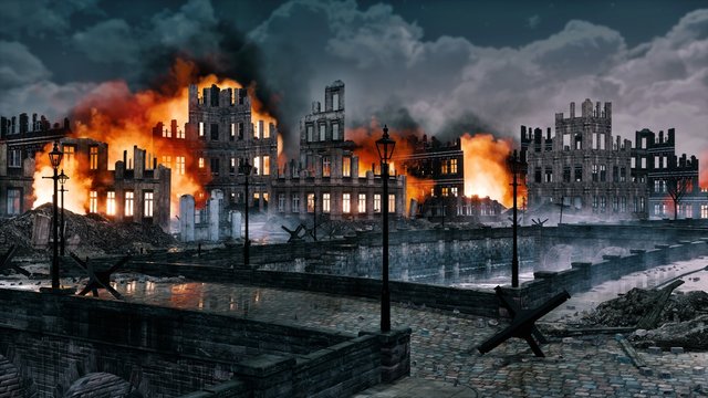 Burning Ruins Of European City Destroyed After The Bombing With Ruined Buildings Along Empty Riverfront At Night Historical 3d Illustration On War And Destruction Theme From My Own 3d Rendering File Stock