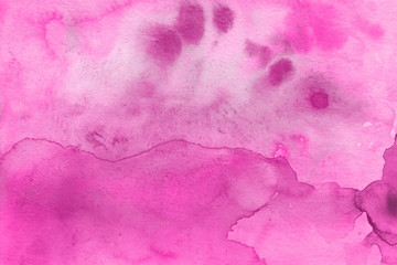 Fototapeta na wymiar Pink watercolor texture with abstract washes and brush strokes on the white paper background. Chaotic abstract organic design.