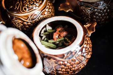 Pots in the oven stoves, cooking, hot dinner, potatoes, meat, mushrooms, cheese, beans, herbs, mayonnaise, spices, family holiday	