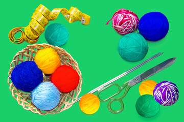 Handicraft kit. Threads in bundles of different colors for knitting.