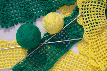 Balls of thread, knitting needles. Set for knitting.