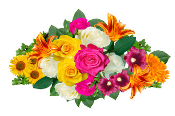 A large bouquet of different flowers on a white background.