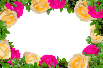 Frame of pink and yellow roses on a white background.