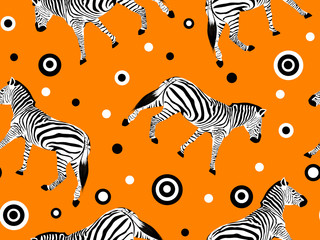 Seamless black-white pattern with horses on an orange background.