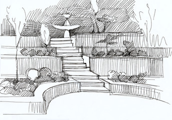 Landscaping of a stepped city park with a fountain, trimmed trees, bushes and cypresses. Black and white graphic illustration