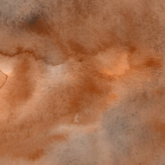 Fototapeta premium Orange watercolor abstract background with waves and strokes on white paper background. Trendy look. Chaotic abstract organic design.