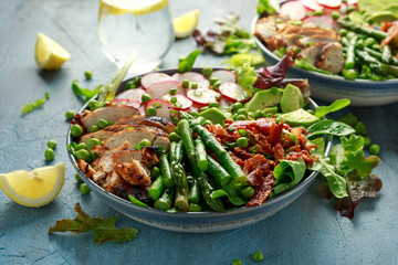 Cobb salad bowl with grilled chicken breast, asparagus, avocado, radishes and bacon