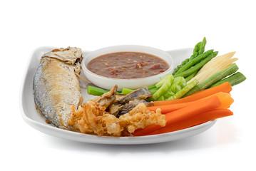 Fried Mackerel with Shrimp Paste Sauce and Vegetable Set (nam prik kapi pla too) isolated on white background, Clipping path.