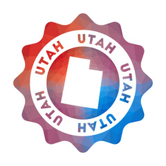 Utah low poly logo. Colorful gradient travel logo of the US state in geometric style. Multicolored polygonal Utah rounded sign with map for your infographics.