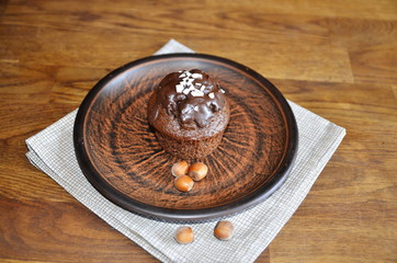 Morning, Provence style breakfast, tea, chocolate donuts and muffin.