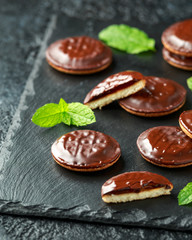 Jaffa cakes sweet cookies with orange and chocolate