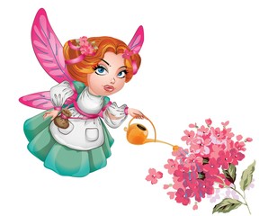 A cute FAIRY with wings and a vintage dress, fairy watering can watering flowers