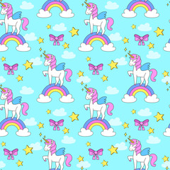 Seamless vector pattern. Cute unicorn and rainbow.