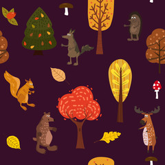 Autumn forest cute animals seamless pattern with trees leaves