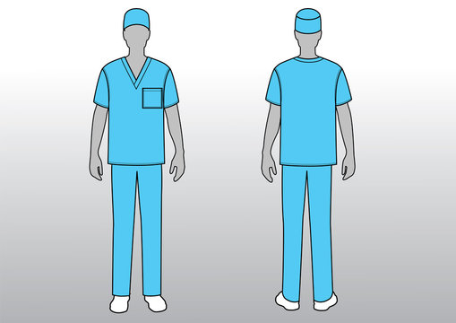 Vector illustration of man doctor in medical clothes. Front view, back view.