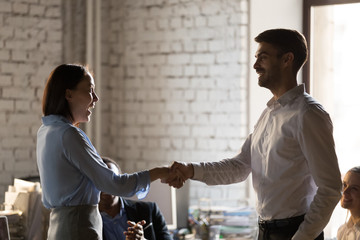 Smiling businessman boss shaking hand of successful employee