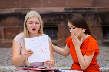 Girl student failed important test or exam and looks very disappointed. Girl in red dress comforting sad and astonished friend that received paper with test results