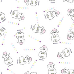 Super cute hand drawn vector sheep and lambs endless texture. Seamless pattern for children design with funny sheep washing, singing, reading, k shy, peek-a-boo, counting.