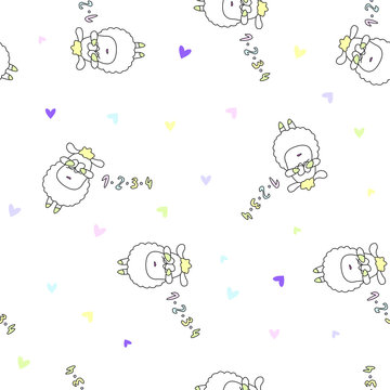 Super cute hand drawn vector sheep and lambs endless texture. Seamless pattern for children design with funny sheep washing, singing, reading, k shy, peek-a-boo, counting.