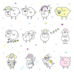 seamless pattern with animals. Sheep flat hand drawn vector color characters set isolated on white. Cartoon illustration