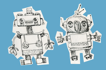 Two funny robots .Vintage ink drawing.