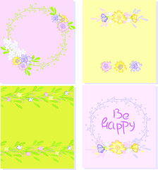Hand drawn floral cards with round wreaths in pastel colors. Elegant floral posters with doodle flowers and leaves blue, yellow, pink, violet and green