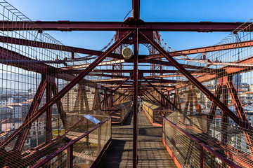 The walkway a the top of  Vizcaya Bridge, the oldest transporter and UNESCO World Heritage Site, Portugalete, Basque Country, Spain