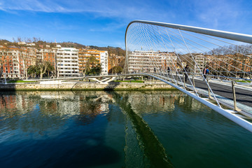 Zubizuri footbridge designed by Santiago Calatrava crossing the Nervion river, Bilbao, Basque Country, Spain
