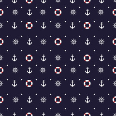 Seamless pattern with nautical elements - anchor, life buoy, wheel