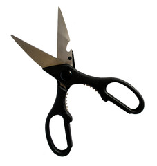 Black stainless steel opened kitchen scissors isolated on white background.
