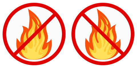 Flat design vector image of no fire sign icon - colored fire crossed out in a red circle isolated on white background.