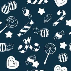 Cute doodle Christmas elements. Vector hand drawn illustration. Christmas pattern with sweets,lollipops and christmas tree toys. Design for printed, fabric, wrapping and cards. Various gifts