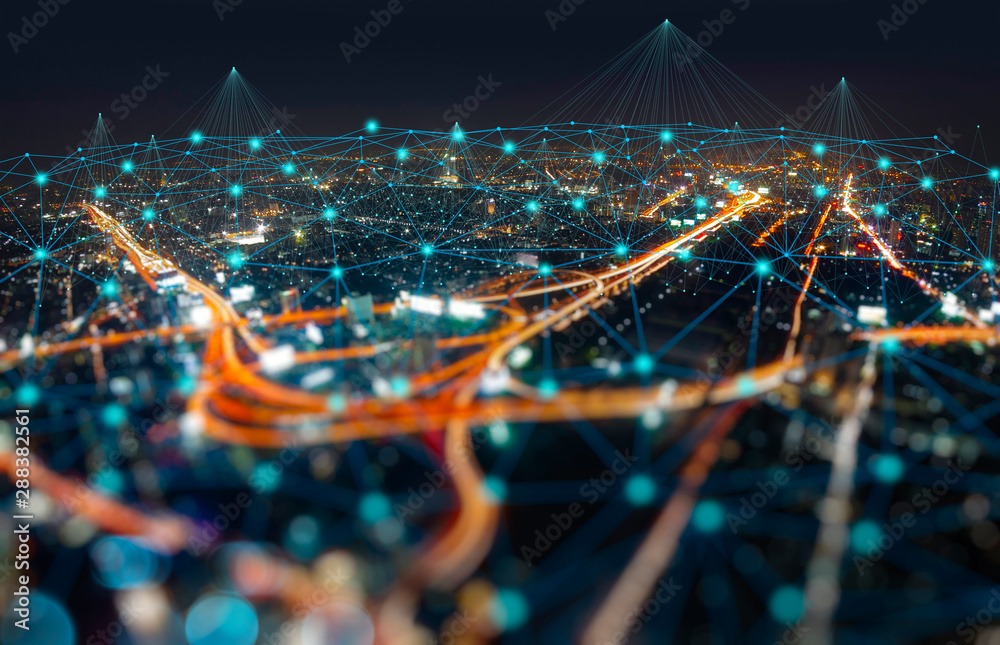 Poster Wireless network and Connection technology concept with Abstract Bangkok city background