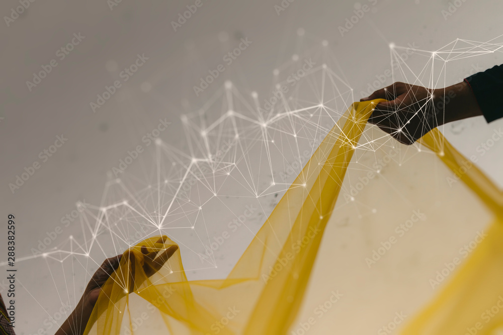 Poster two hands touch each other. concept of link and connection, first contact, network. digital cyber se