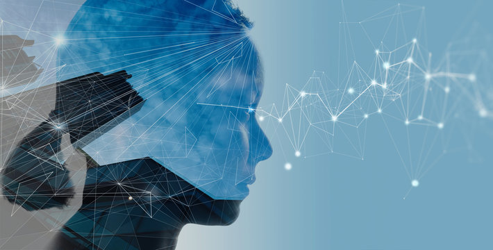 Double exposure of businesswoman and cityscape with Wireless network and Connection technology.