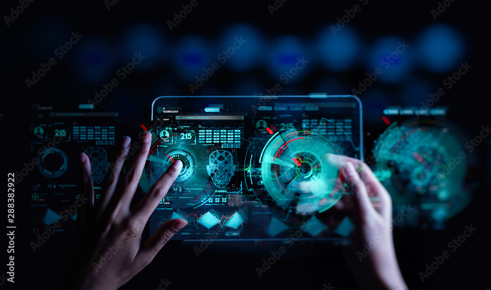 Poster Business hand working with cryptocurrency and Ai conputer interface. with 5G LTE data connection of global business, fintech, blockchain.