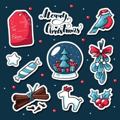 Cute doodle Christmas stickers in cartoon style. Vector hand drawn images of deer, christmas ball, gift, sweets, bullfinch, Christmas wreath, mistletoe. Merry christmas lettering.
