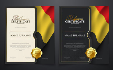 Set of patriotic achievement certificate with Belgium flag, luxury elegant gold style cover