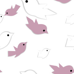 Purple and white birds flying on white background. Seamless pattern. Good for wrapping, paper or textile.
