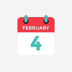 Flat icon calendar 4 of February. Date, day and month. Vector illustration.