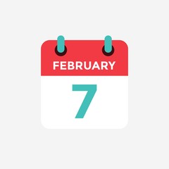 Flat icon calendar 7 of February. Date, day and month. Vector illustration.