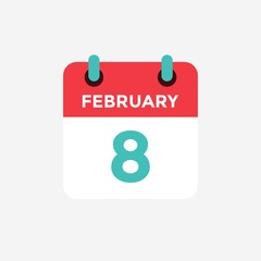 Flat icon calendar 8 of February. Date, day and month. Vector illustration.