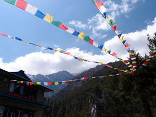 Obraz na płótnie Canvas buddhist prayer flags on blue sky