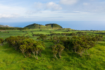Aerial image of typical volcanic caldeira countryside landscape with volcano cones of Planalto da...