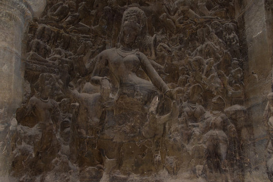 Sculpture of Hindu god in Elephanta cave near Mumbai Harbor.